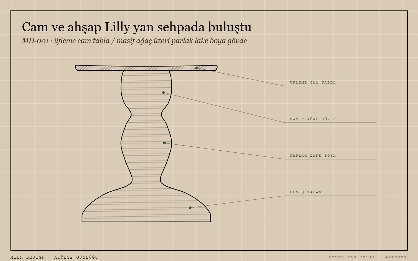 Lilly yan sehpa görünüş çizimi — üfleme cam tabla, masif ağaç gövde